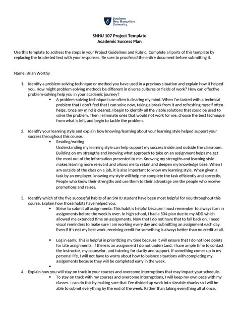 Snhu Project Snhu Project Template Academic Success Plan Use