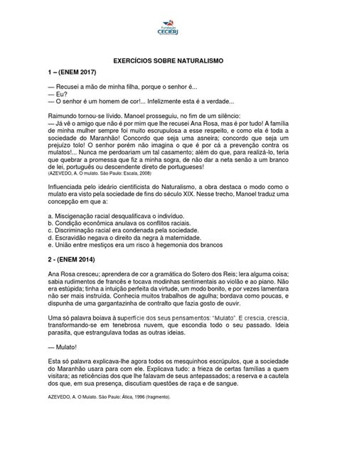 Naturalismo Exercícios - EXERCÍCIOS - NATURALISMO | PDF | Mulato | Raça (categorização humana)