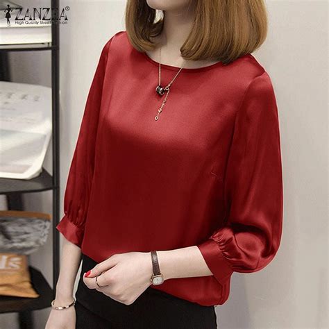 Cheap Zanzea Womens 3 4 Sleeve O Neck Shirts Satin Silk Lady Summer