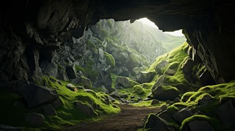 Premium AI Image | Epic Cave Landscape Stunning Mosscovered Hills In ...