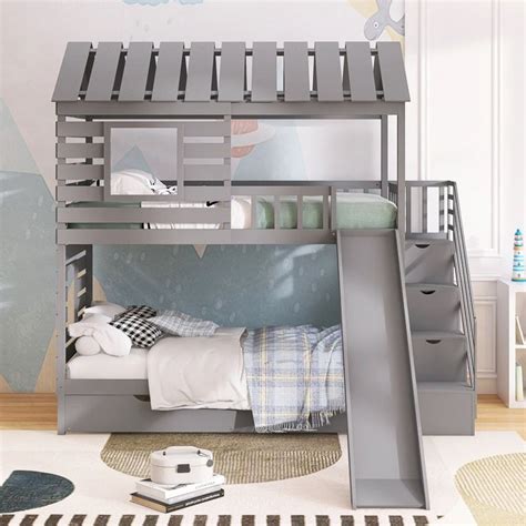 Twin over Twin Bunk Bed with Trundle and Slide | House bunk bed, Bunk ...