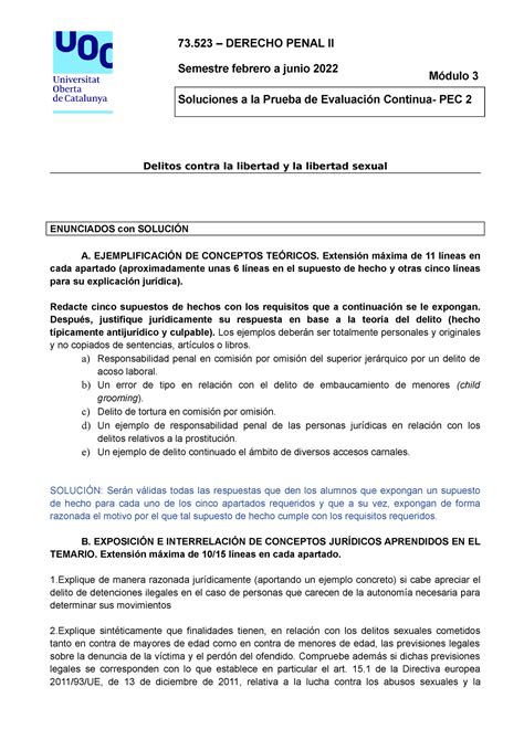 solución pec2 DERECHO PENAL 73 DERECHO PENAL II Semestre febrero a