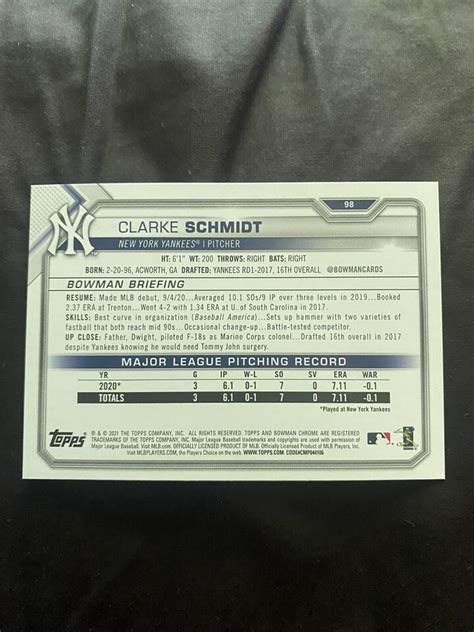 2021 Bowman 98 New York Yankees Clarke Schmidt RC Rookie Card EBay