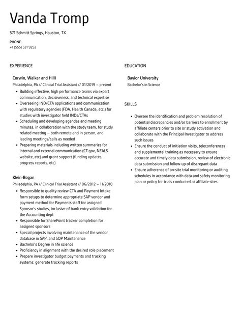 Clinical Trial Assistant Resume Samples Velvet Jobs