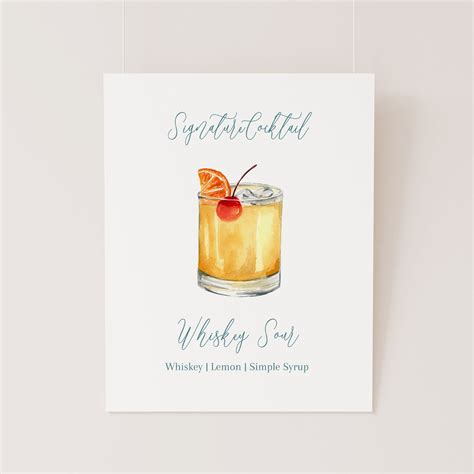 Whiskey Sour Cocktail Sign Signature Cocktail Template Instant Download Bar Sign Whiskey Sour