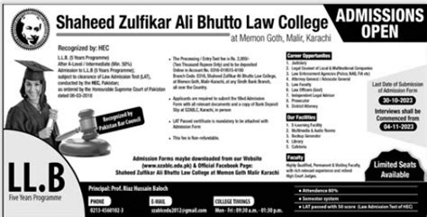 Admission Open In Shaheed Zulfikar Ali Bhutto Law College 6th Oct 2023