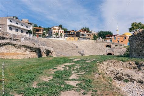 Old Roman Amphitheater In Durres Albania Ruins Of Durres Amphitheatre