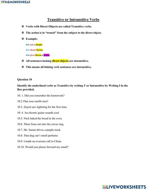 Transitive Or Intransitive Verbs Worksheet Live Worksheets