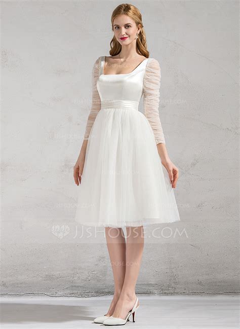 A Line Princess Square Neckline Knee Length Satin Tulle Wedding Dress