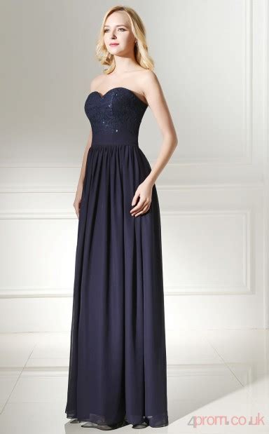 Navy Blue Lace Chiffon A Line Sweetheart Sleeveless Evening Dress Jt