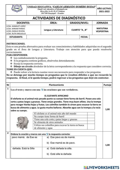 Prueba De Diagnostico Online Exercise For Cuarto Grado