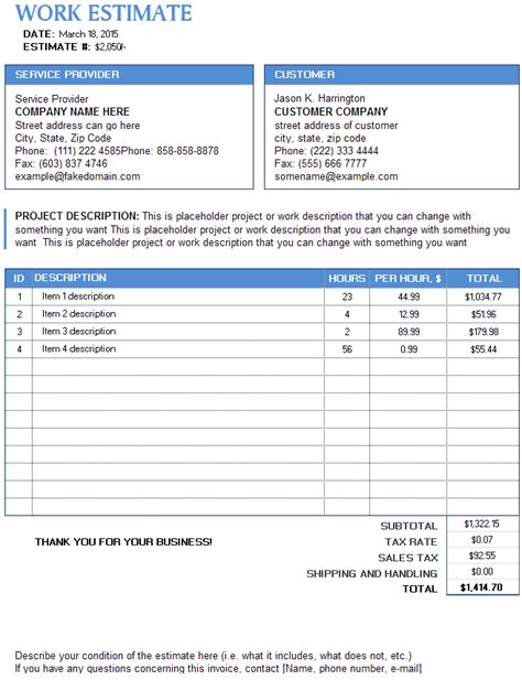 Free Work Estimate Invoice With Tax Calculations In Ms Excel