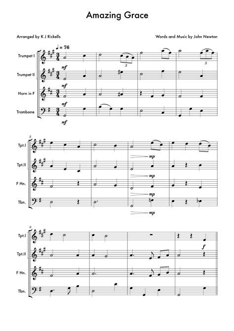 Amazing Grace Brass Quartet Arr K J Rickells By John Newton Sheet