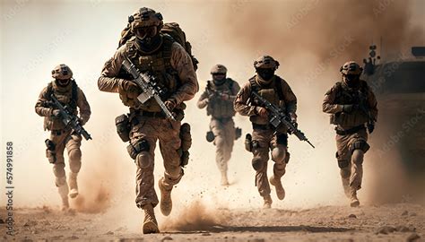 Group Of Soldiers Running Through A Desert Military Tactical Special