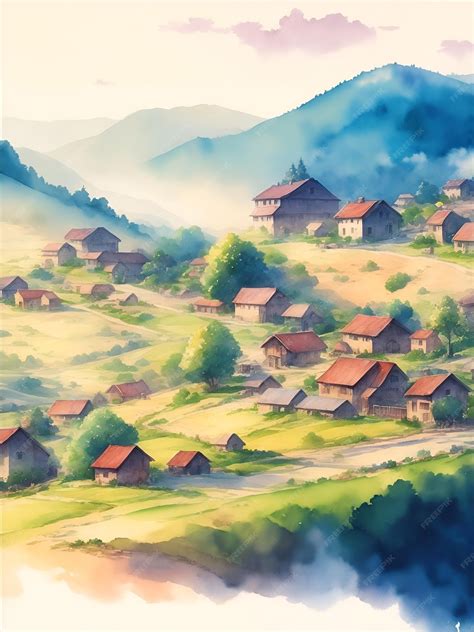 Premium AI Image | illustration_of_watercolor village landscape