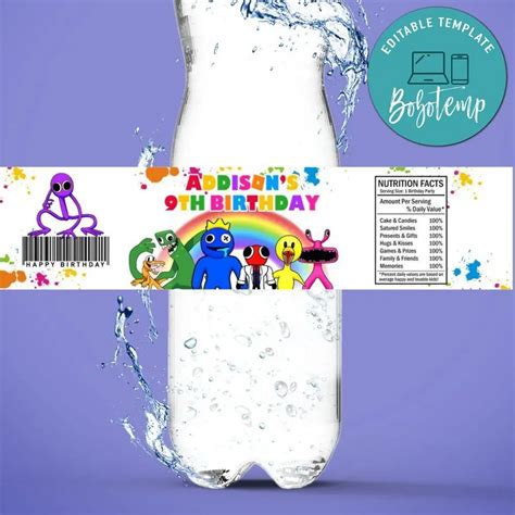 Rainbow Friends Roblox Birthday Water Bottle Label Template