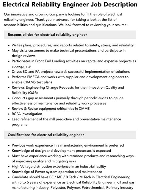 Electrical Reliability Engineer Job Description Velvet Jobs