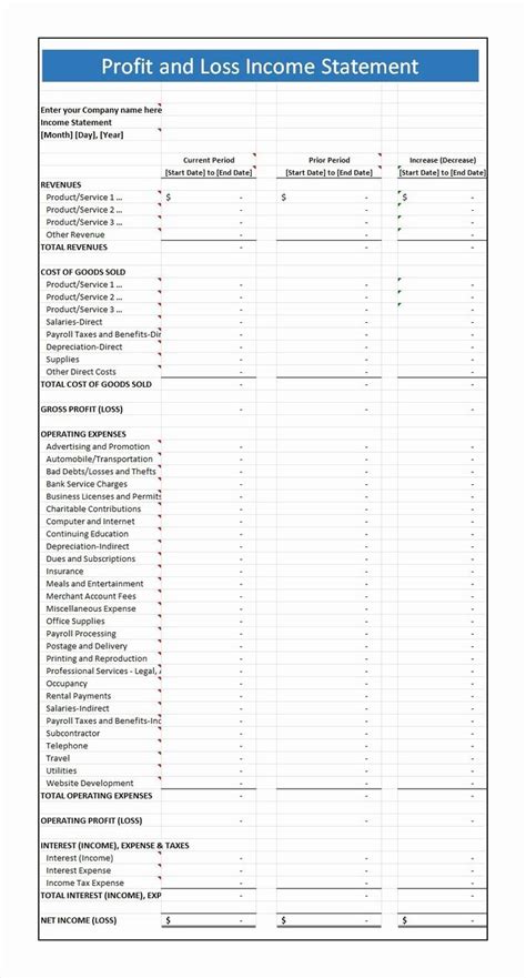 P&l Statement Template Luxury P&l Spreadsheet Inside Free Pl Statement Template | Profit and ...