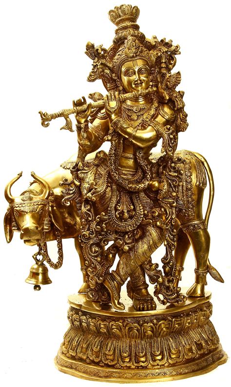 Large Size Lord Krishna With A Cow And His Flute In Brass