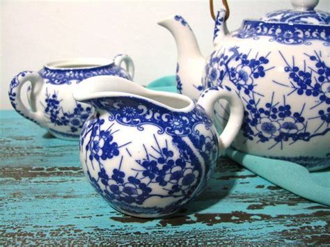 Elegant Japanese Blue Cherry Blossom Tea Set