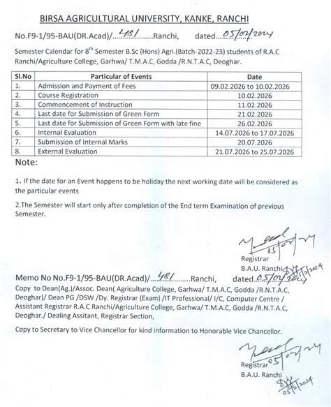 Semester Calendar For Th Semester B Sc Hons Ag Batch