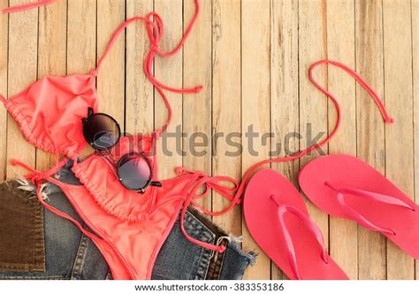 Set Beach Clothes Pink Bikini Flip Stock Photo Shutterstock