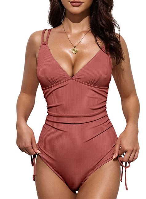 Eytino One Piece Swimsuit Women Ribbed Tummy Control High Cut One Piece