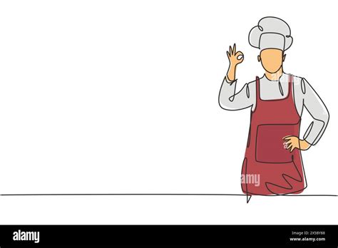 Single One Line Drawing Of Chef With Gestures Okay And Wearing Cooking