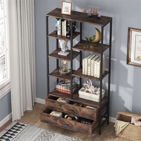 Buy Tribesigns Bookshelf 5 Tier Tall Bookcase With Drawers Industrial