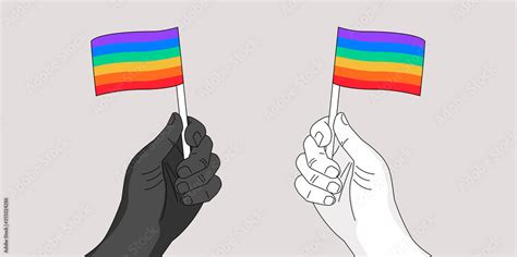 Vetor De Pride Banner Two Hands Waving Rainbow Flags Gay Pride Symbol Hand Drawn Vector