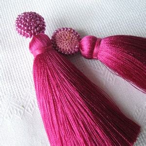 Thick Silk Fuchsia Tassel Earrings On Studs Silk Fuchsia Beaded Thick