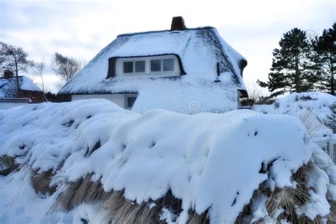 Thatched Roof House Covered In Snow In Winter Stock Photo Image Of