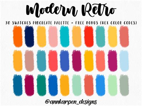 Modern Retro Procreate Palette 30 Hex Color Codes Instant Digital