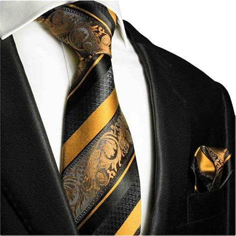 Paul Malone Gold And Black Silk Tie And Pocket Square Red Line Ties Mens Mens Fashion