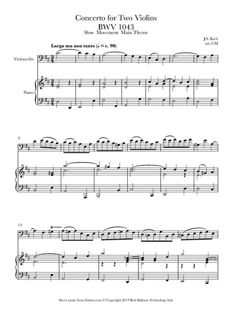 Bach Concerto For Two Violins Bwv 1043 Slow Movement Main Theme Sheet Music For Cello