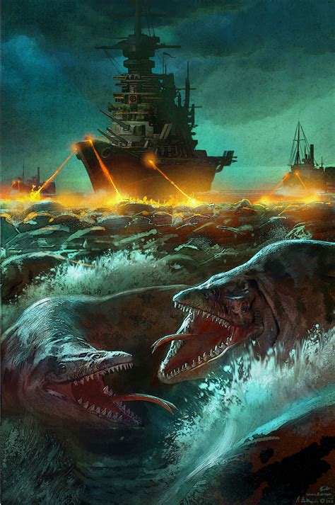 mosasaur attack armand baltazar dark fantasy art fallout concept