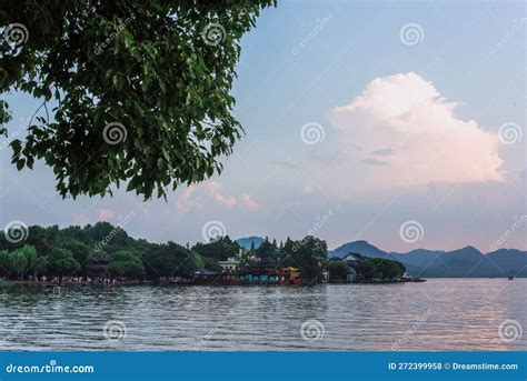 Beautiful the West Lake Scenery, Landscape with Sunset in Hangzhou ...