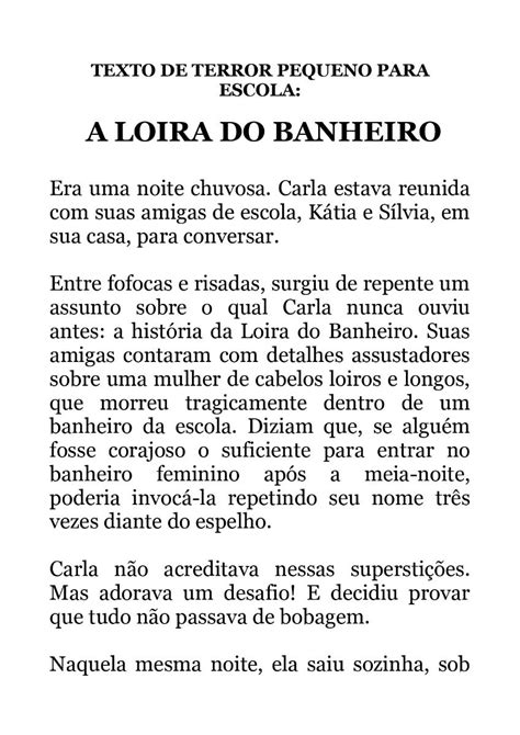 Lendas De Terror Para Contar Na Escola - Texto de terror pequeno para escola: A Loira do Banheiro | Loira do ...