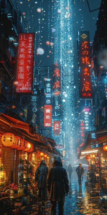 Futuristic Cyberpunk City Night With Neon Lights Rain Tech And