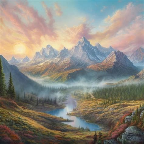 Premium AI Image | A painting of a mountain lake with a sunset in the ...