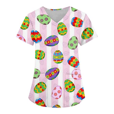 Knosfe Easter Scrub Tops For Women Bunny V Neck Easter Day Plus Size Easter Scrubs For Women