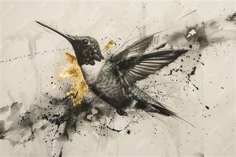 Premium Photo Artistic Charcoal Drawing Of A Hummingbird With Gold