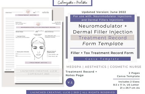 Filler Neurotoxin Botox Treatment Record Form Template Etsy Australia