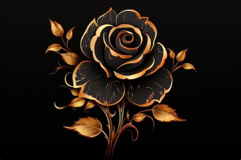 Una ilustración en negro y dorado de una rosa negra con hojas doradas