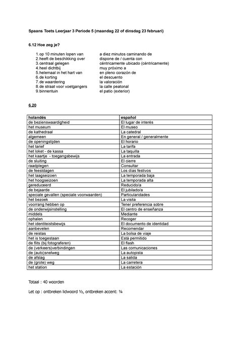 Woordenlijst Leerjaar Spaans Toets Leerjaar Periode Maandag