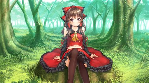 Wallpaper The forest anime girl sitting on the green grass, red dress 1920x1080 Full HD 2K ...