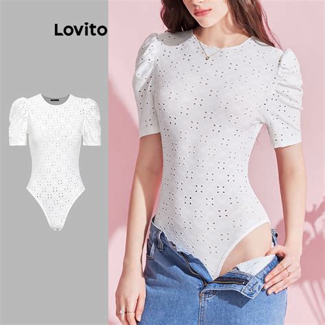 Lovito Casual Plain Eyelet Embroidery Bodysuit For Women L Ed