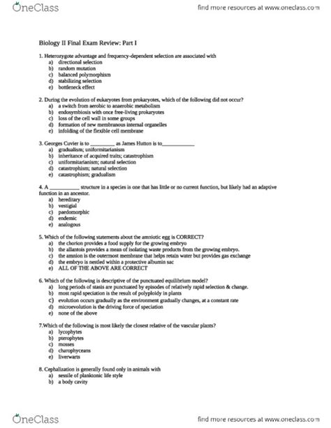 BIOL 112 Final Biology II Final Exam Review Detailed Notes OneClass