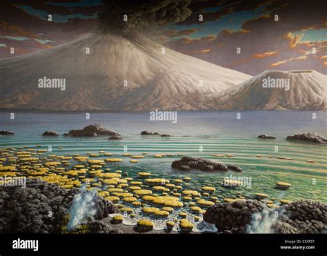 Archean Eon scene - a depiction of stromatolites growing in shallow hot springs Stock Photo - Alamy