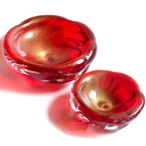 Seguso Murano Vintage Red Gold Flecks Italian Art Glass Decorative Bowl Set At 1stdibs